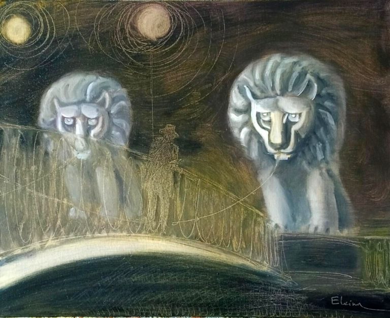 Крылатый лев сидит с крылатым львом